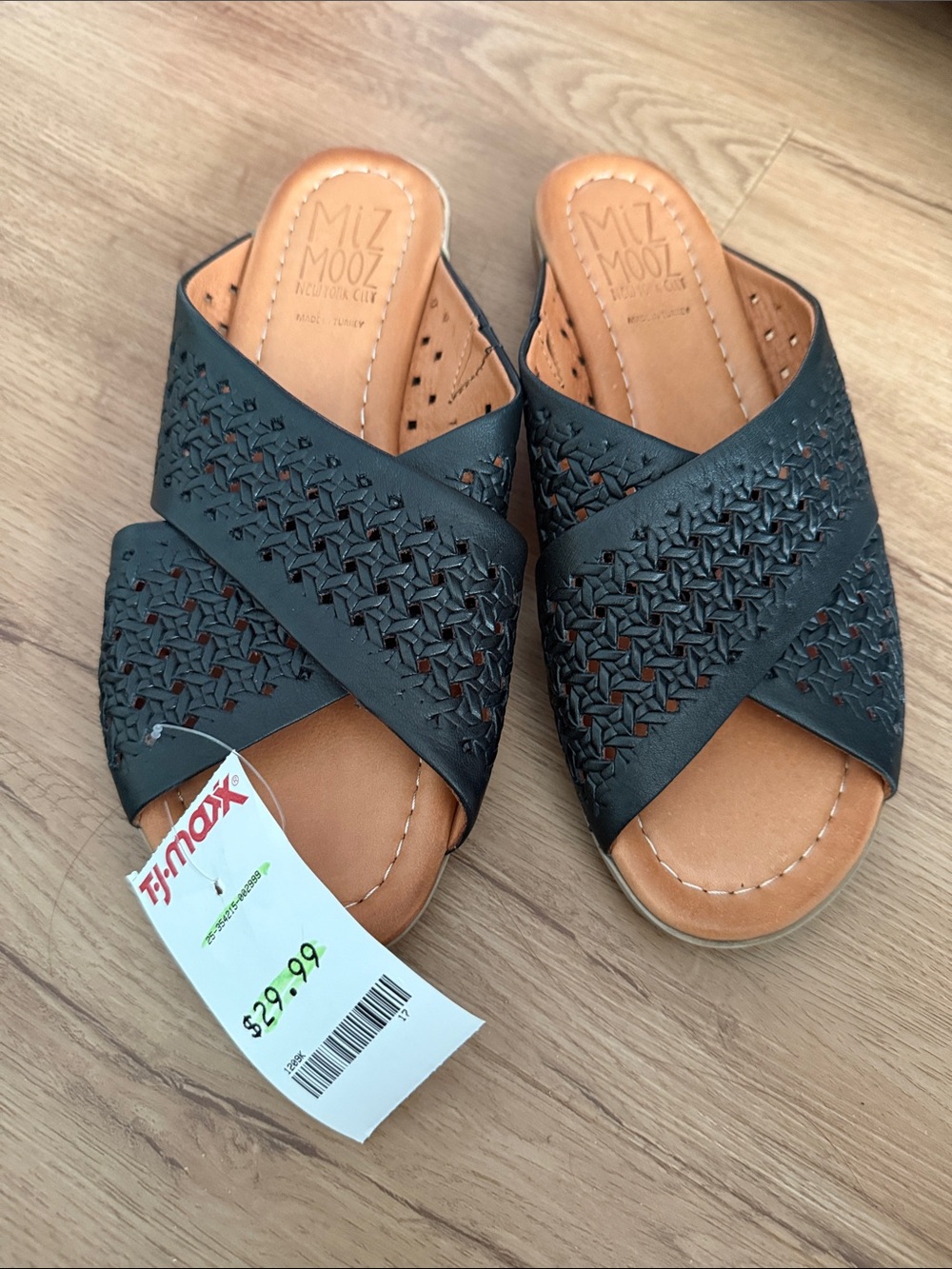Miz Mooz Black Leather Crisscross Woven Slide Mules